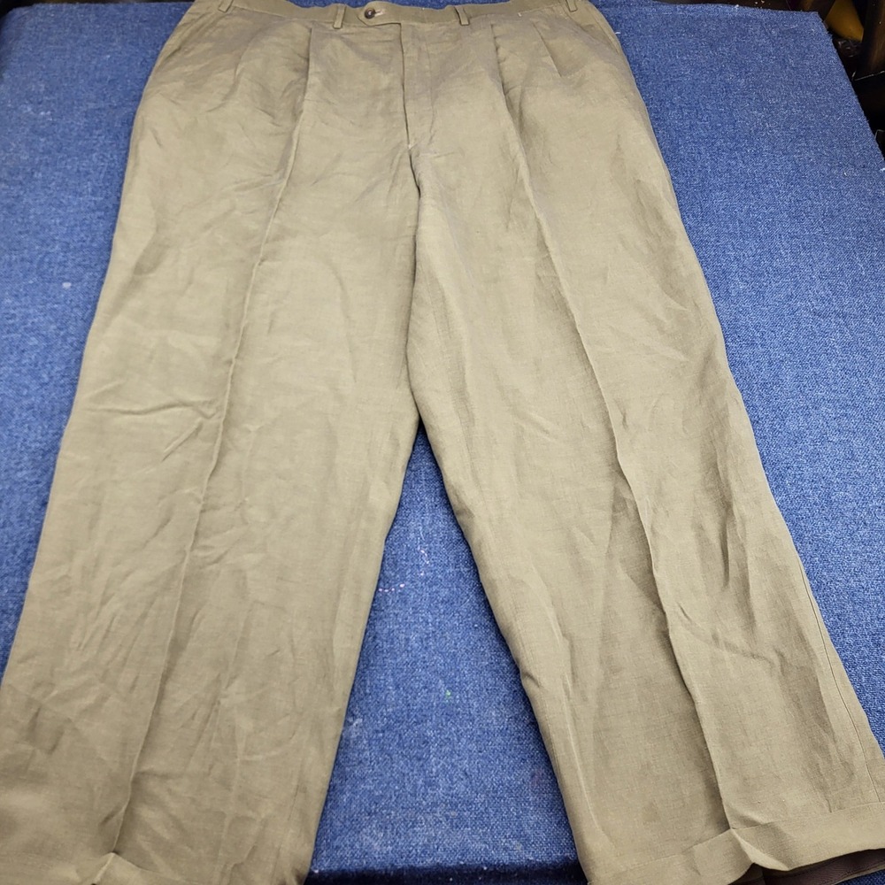 Luciano Barbera Italy Silk Linen Pleated Trousers Olive Green 62 IT / 41 US